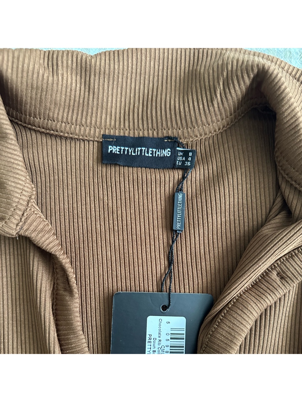 PrettyLittleThing Ribbed Asymmetrical Button-FrontDress in Camel - Picture 3 of 3